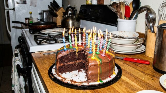 A chocolate birthday cake with lit candles sits on a messy kitchen counter top.