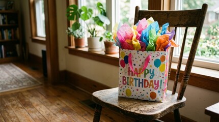 Fototapeta premium A colorful birthday gift bag sits on a wooden chair in a sunlit room.