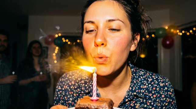 A young woman blows out a single candle on her birthday chocolate cake.