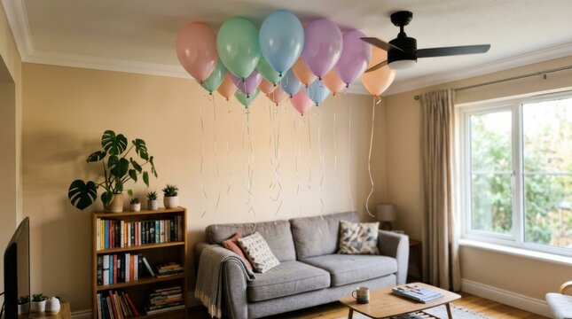 Many colorful balloons float near the ceiling inside a cozy decorated living room.