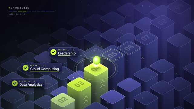 Animated upskilling progression and professional development isometric blocks with glowing glowing ball