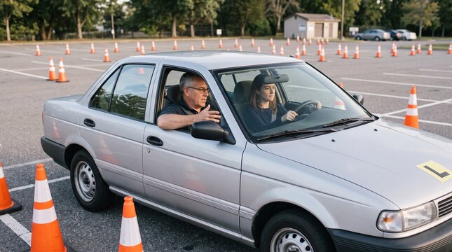 Driving Instructor Explaining Parking to an Adult Learner
