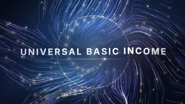 Futuristic universal basic income motion graphic with glowing abstract lines and data network