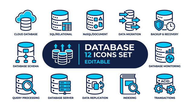 Database Icon Set: A comprehensive collection of 12 editable icons representing various database functions including cloud storage, SQL, NoSQL, migration, backup, schema, monitoring, query processing.