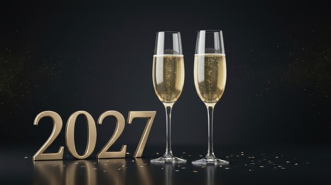 Two glasses of champagne with golden 2027 numbers on a dark background for new year celebration