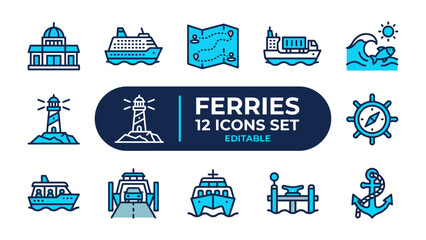 Ferries Icon Set: A collection of twelve vibrant blue and grey vector icons depicting various aspects of ferry travel and maritime themes, including different boat types, lighthouses, maps. © Murshida