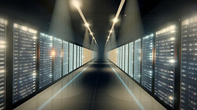 High Tech Datacenter Server Corridor with Warm Golden and White LED Lighting