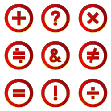 Red circular math and punctuation symbol icon set on transparent background. PNG stock graphic element for web UI, button design, calculator app, education, and interface design.
