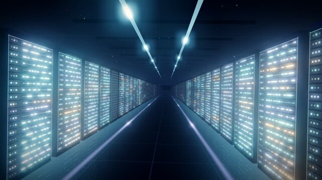 Futuristic Datacenter Server Room Corridor with Glowing Blue LED Lights