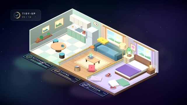 Isometric Home Cutaway Items Fly Into Place, Tidy Up and Declutter Housekeeping Loop