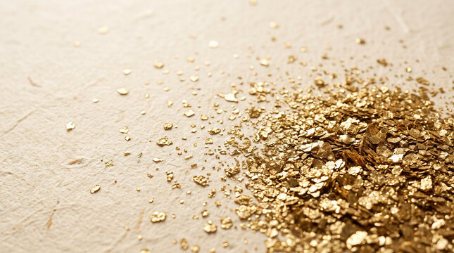 Shiny Golden Mica Flakes Scattered on Textured Beige Handmade Paper Background. Concept of gold flakes, gold glitter, glitter texture, metallic sparkles, gold dust, gold foil, luxury background.