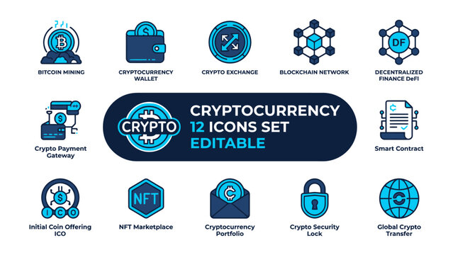 Cryptocurrency Icon Set: A comprehensive collection of 12 editable icons representing various aspects of cryptocurrency, blockchain, and digital finance.