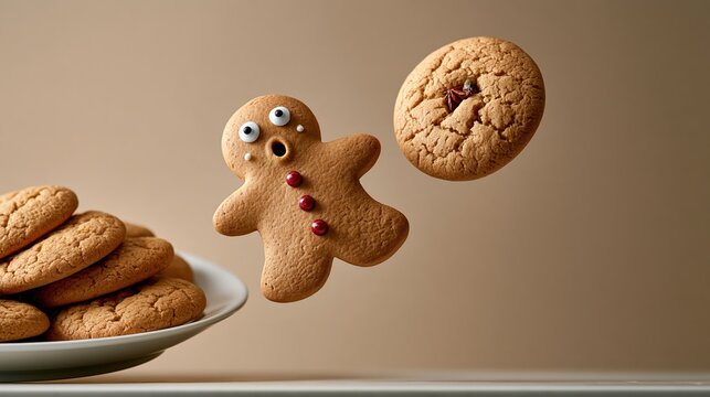 Whimsical Christmas cookies plate with floating cookie, holiday photo