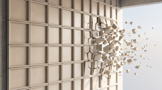 Beige Modular Geometric Wall Breaking Apart and Exploding into Flying Fragments in Modern Interior. Concept of modules, wall destruction, shattering, transformation, concrete wall. Copy space.