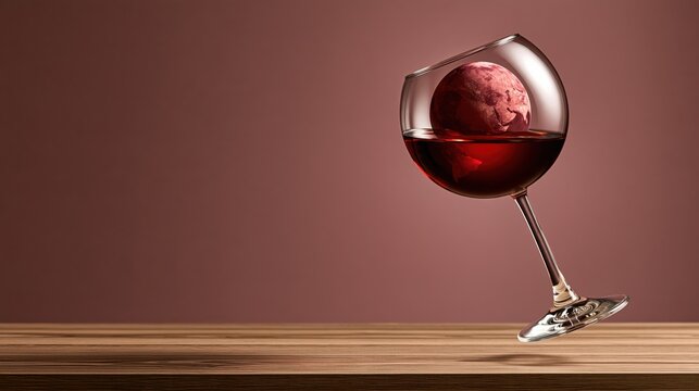 Cozy wine glass floating with wine planet inside, holiday photo