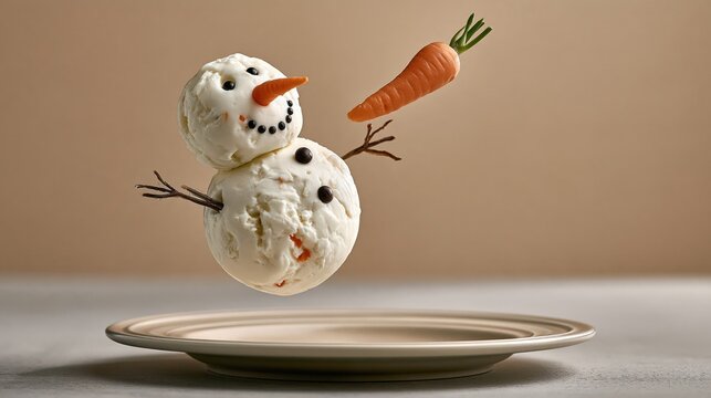 Whimsical cheese ball snowman with floating carrot nose, holiday photo
