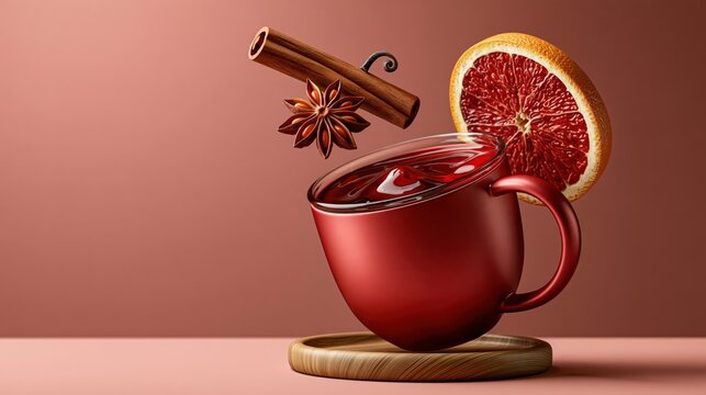 Whimsical mulled wine mug with floating spices, holiday photo