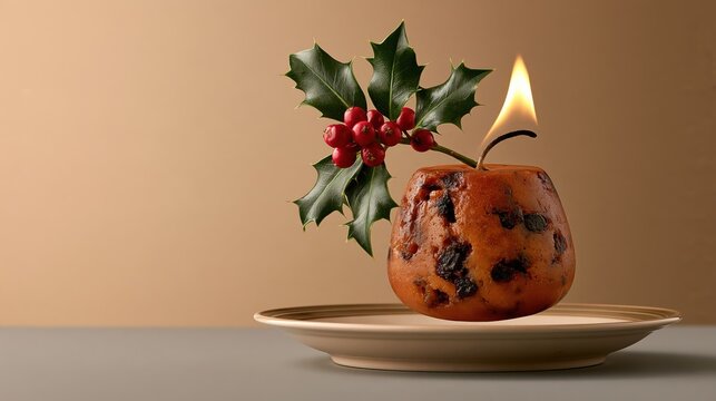 Funny Christmas pudding floating with holly and tiny flame, holiday photo