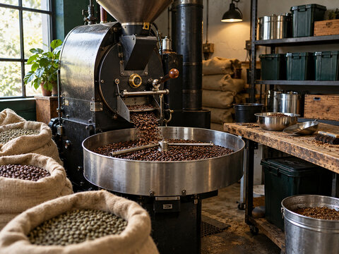 Small Coffee Roastery Production Area with Roasting Machine and Beans