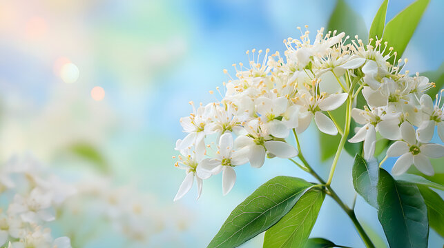 Cluster of white elderberry flowers blooming against clear sky background with soft sunlight with densely natural cluster under bright sunlight cluster green leaves flowers grow