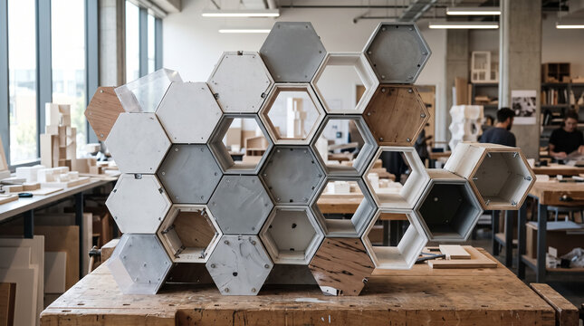 Modular hexagonal honeycomb structure prototype made of wood and concrete in an architecture design studio. Concept of hexagonal forms, hexagon, architecture model, geometric pattern.