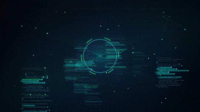 Futuristic digital world map interface with data streams and circular HUD element on dark blue background.