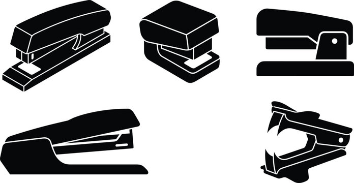 Office staplers and staple remover tools black silhouette vector set
