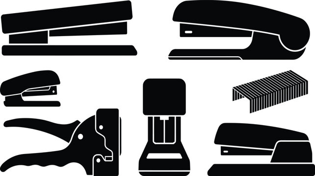 Office staplers staple remover and heavy duty staple gun black silhouette vector set