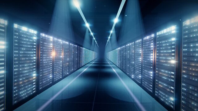 Modern Datacenter Server Room Corridor with Overhead Spotlights and Blue Racks