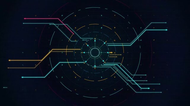 Futuristic circular interface with connecting lines and data pathways on a dark background.