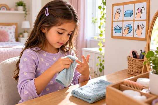 Child Folding Clothes During Independent Daily Routine
