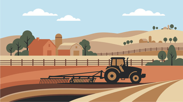 Agriculture and Farming. Agribusiness Tracktor. Rural landscape. Design elements for info graphic, websites and print media. Vector illustration.	