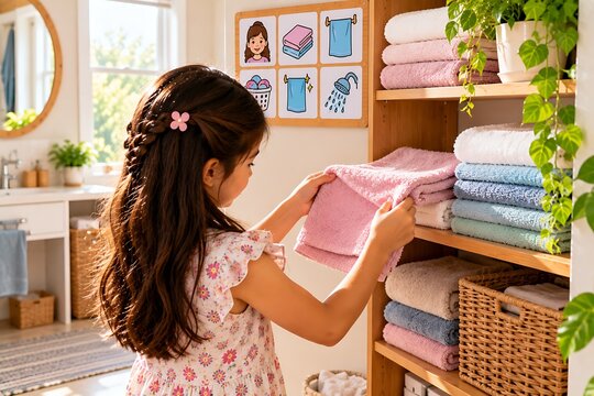 Child Folding Towels During Independent Home Routine