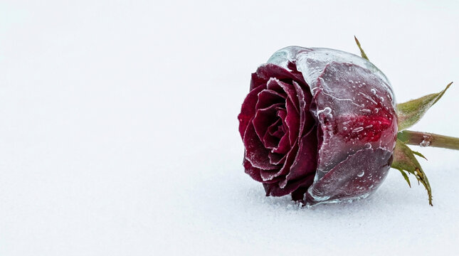 Macro photography of a deep burgundy velvet rose bud half encased in clear ice on a snow crust, Valentines Day concept of preserved fragile beauty and enduring love banner with copy space
