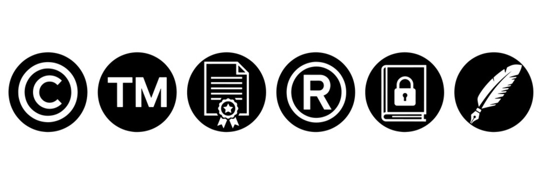 Copyright and trademark intellectual property black circle icon set