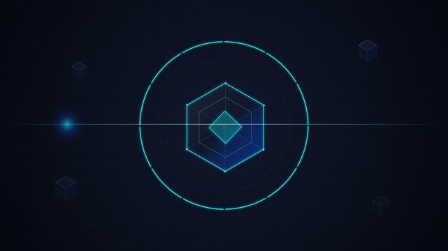 Glowing hexagonal blockchain icon on dark blue background with floating data cubes.