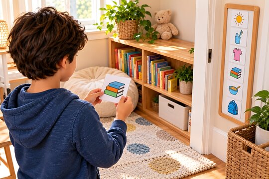 Child Following Visual Schedule for Independent Routine