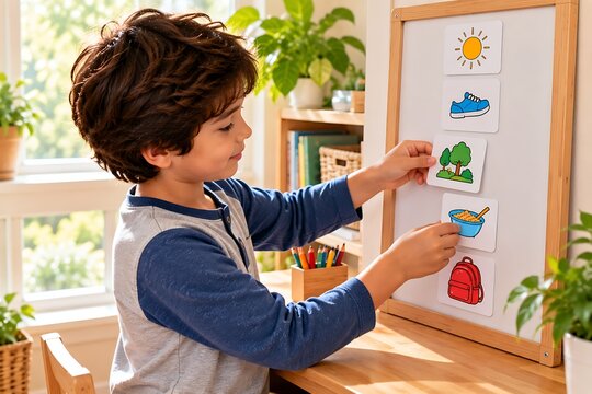 Child Matching Pictures on Visual Routine Board
