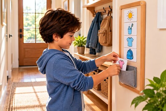 Child Organizing Personal Items Using Visual Schedule