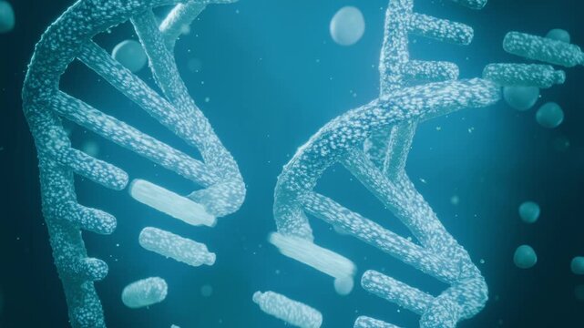 Rotating DNA helix in molecular view as camera shifts, unwinding, releasing rods and bubbles