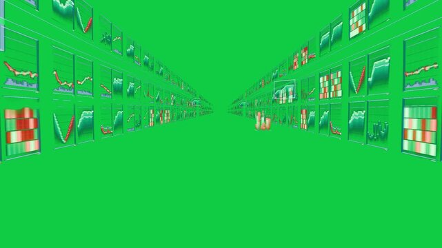 Fading in, data corridor guiding focus toward holo cluster with neon charts, transparent background