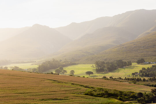 beautiful rolling hillsides and farmland, Klein Mountains in background, Stanford, South Africa