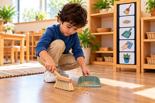 Child Sweeping Floor During Independent Practical Life Activity