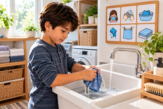 Child Washing Utensils During Independent Practical Life Activity