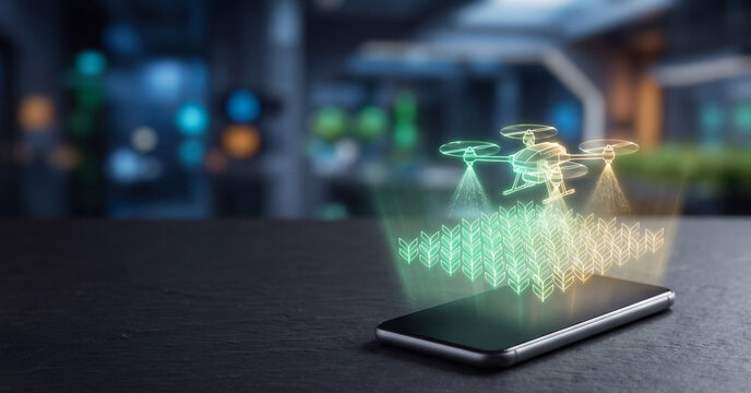 Futuristic agricultural drone projecting glowing holographic crop management data above a modern smartphone display