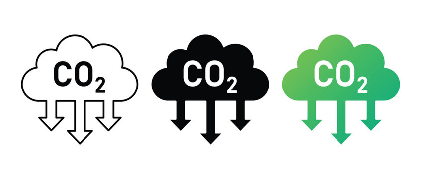 CO2 Reduction Icons: Three stylized cloud icons illustrating CO2 emissions reduction, with arrows indicating a downward trend.