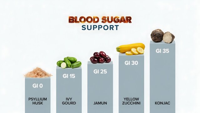Blood sugar support infographic showing low glycemic index food chart