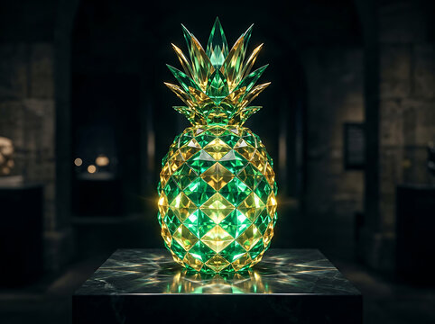 Crystalline pineapple sculpture glowing on a dark marble pedestal in
