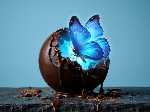 Glowing blue butterfly emerging from a cracked dark chocolate sphere