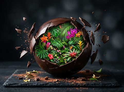 Broken chocolate sphere revealing a vibrant tropical jungle with
